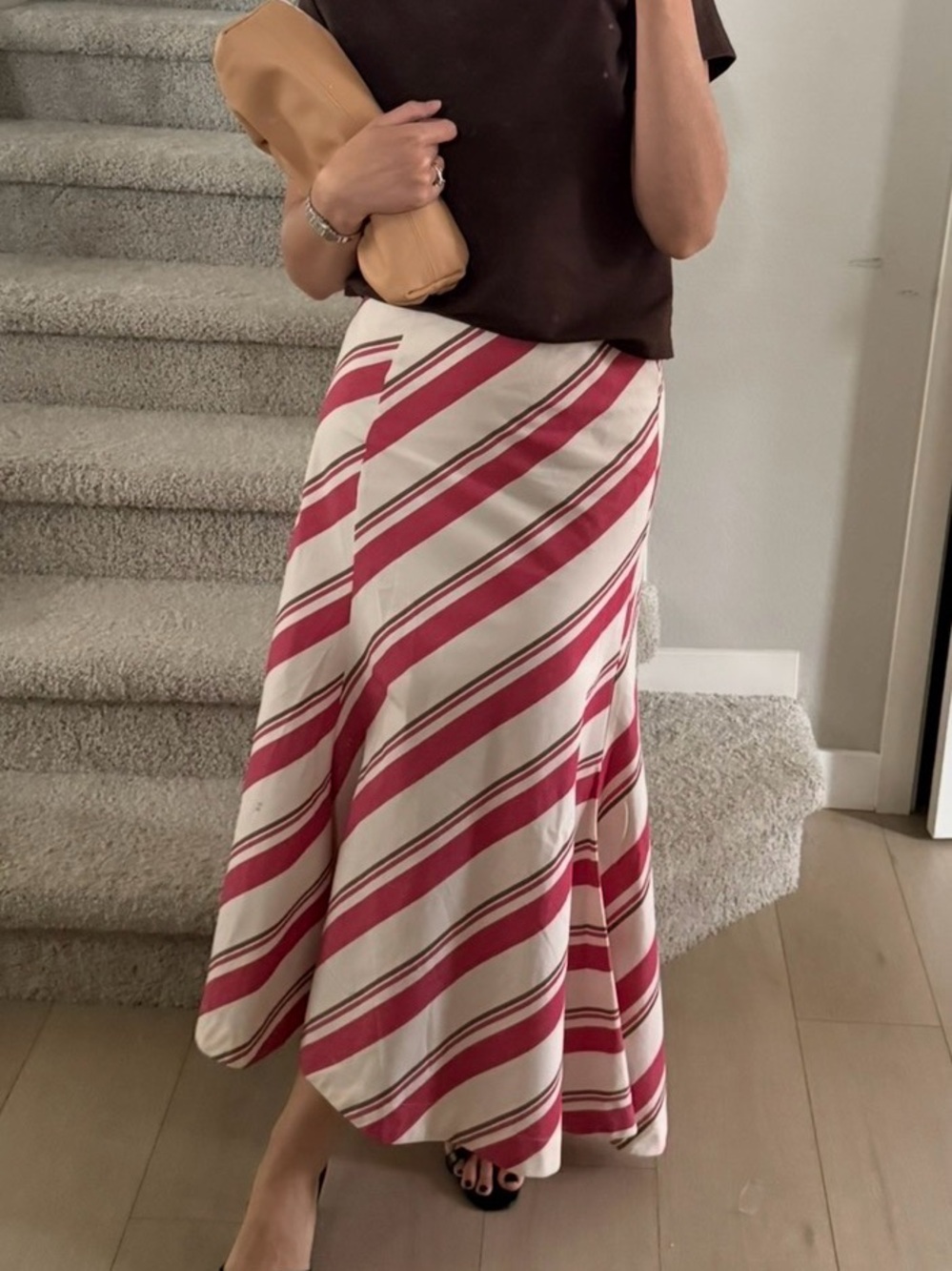 Zara Diagonal Pink and Cream Maxi Skirt